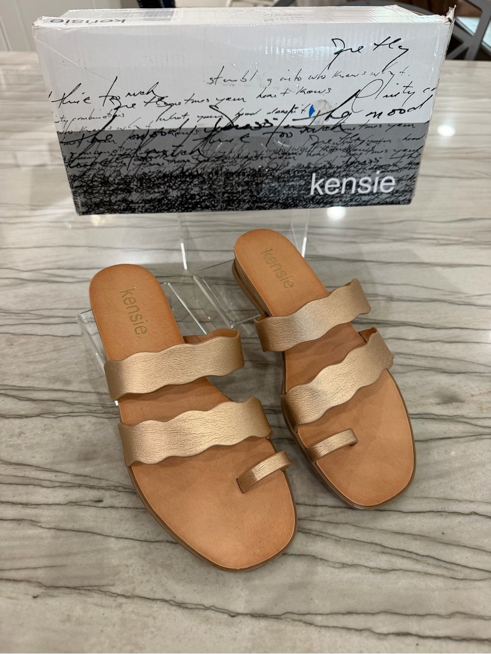 Kensie Metallic Gold Wave Strap Slide Sandals